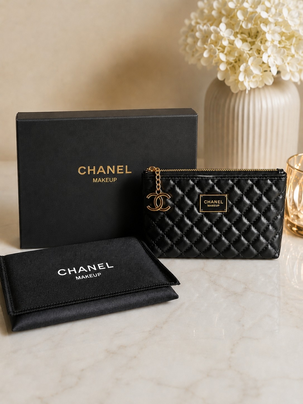 Chanel Black Quilted Vegan Leather Makeup Cosmetic Clutch Pouch NEW GWP